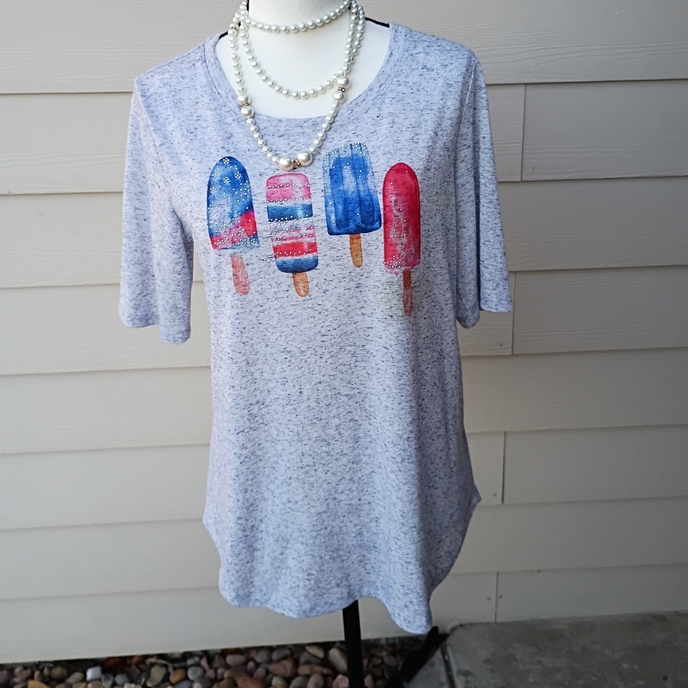Christopher & Banks Gray And Red White Blue July 4th Studded Popsicle Top